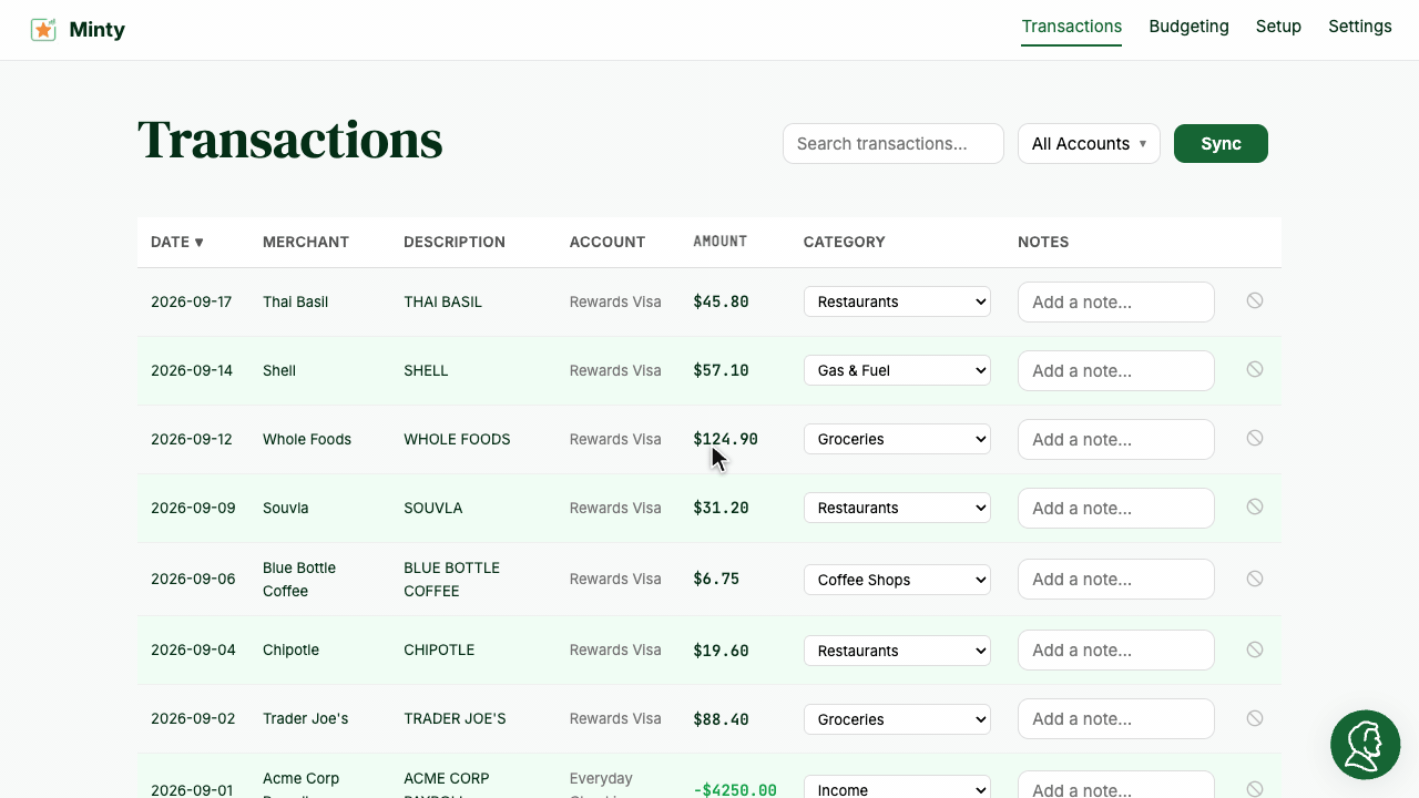 Minty demo: new transactions sync in and are auto-categorized, the Budgeting page shows Restaurants topping last month's spending, and Penny compares Restaurants spending across the last three months